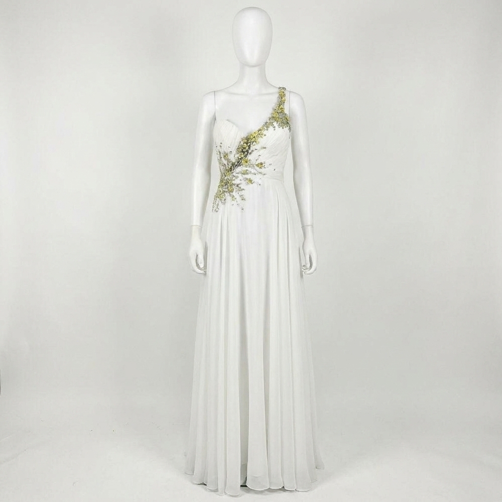 NEW RACHEL ALLAN women's one shoulder jeweled strap gown in white